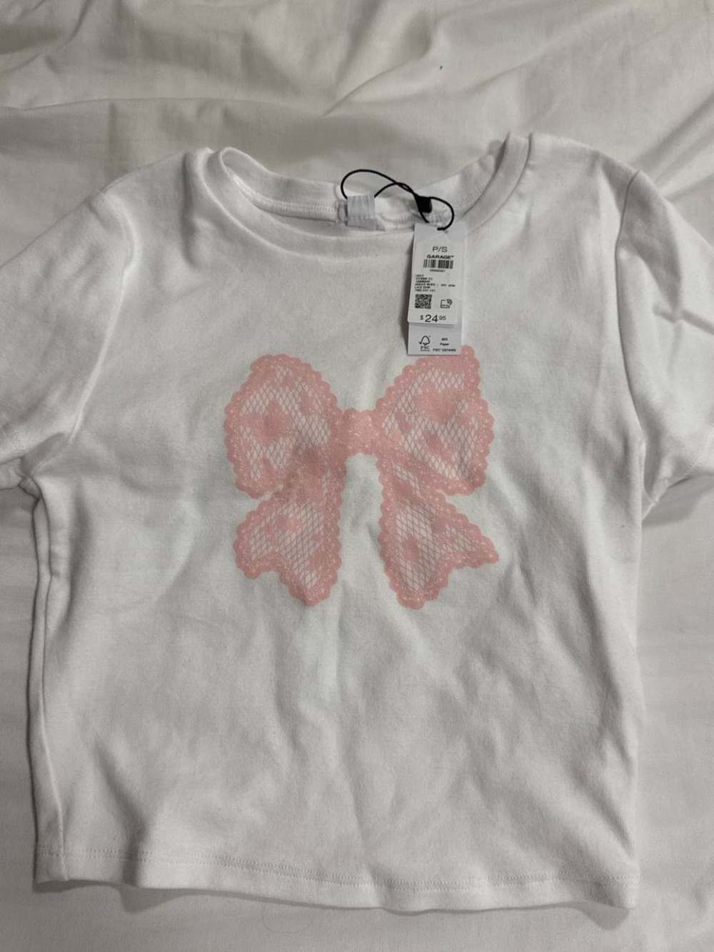 Garage White Short Sleeve Tee with Pink Lace Bow Graphic